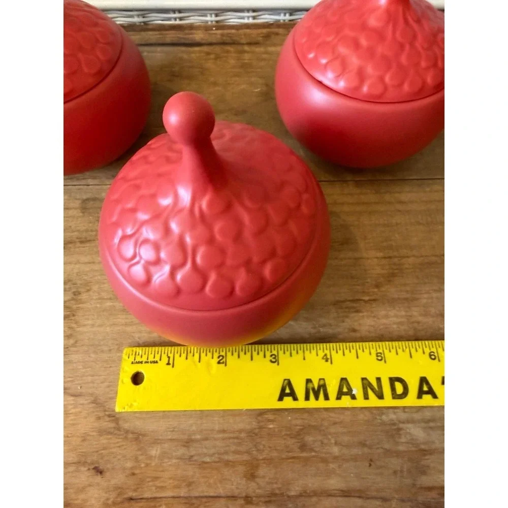 Set of 3 Matte Red Ceramic Lidded Teardrop Decorative Containers